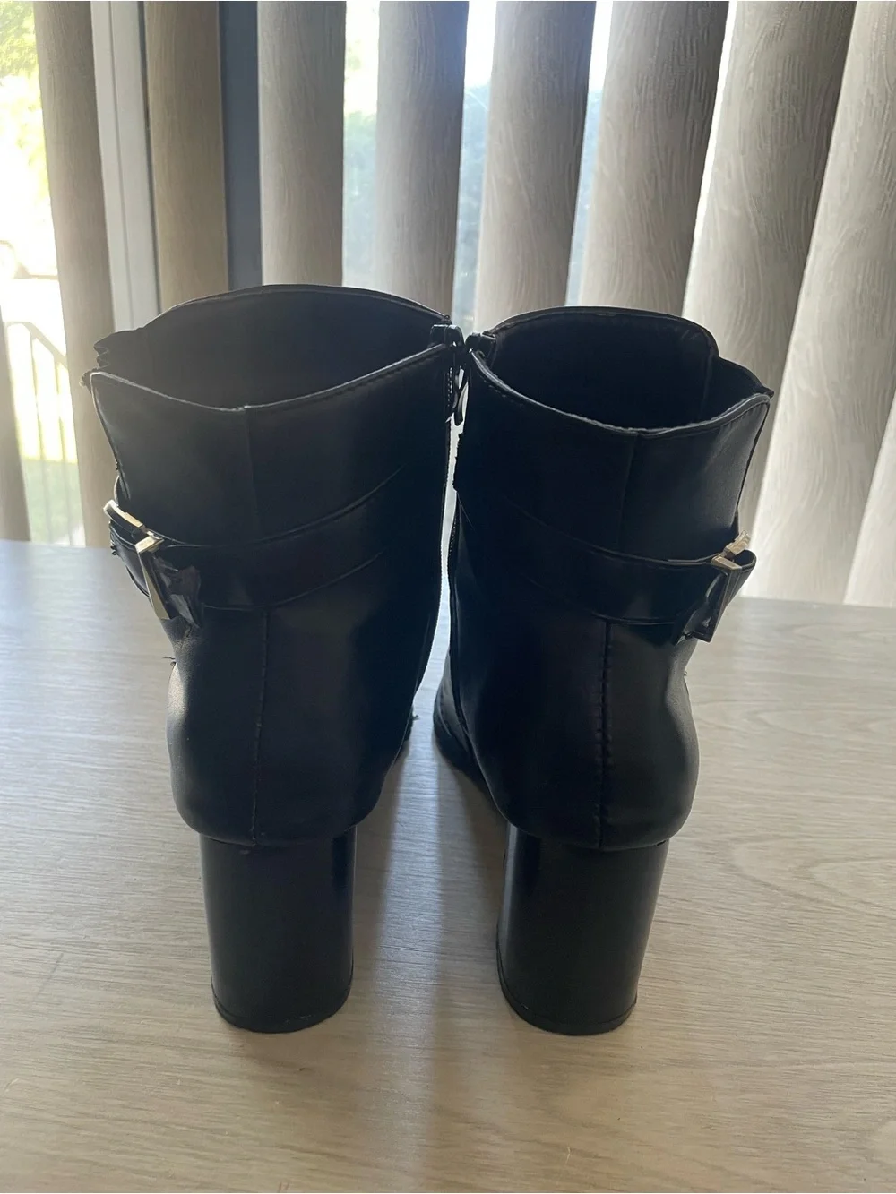 Chunky Block Heel Black Ankle Boots with Silver Buckle Strap - Size 10